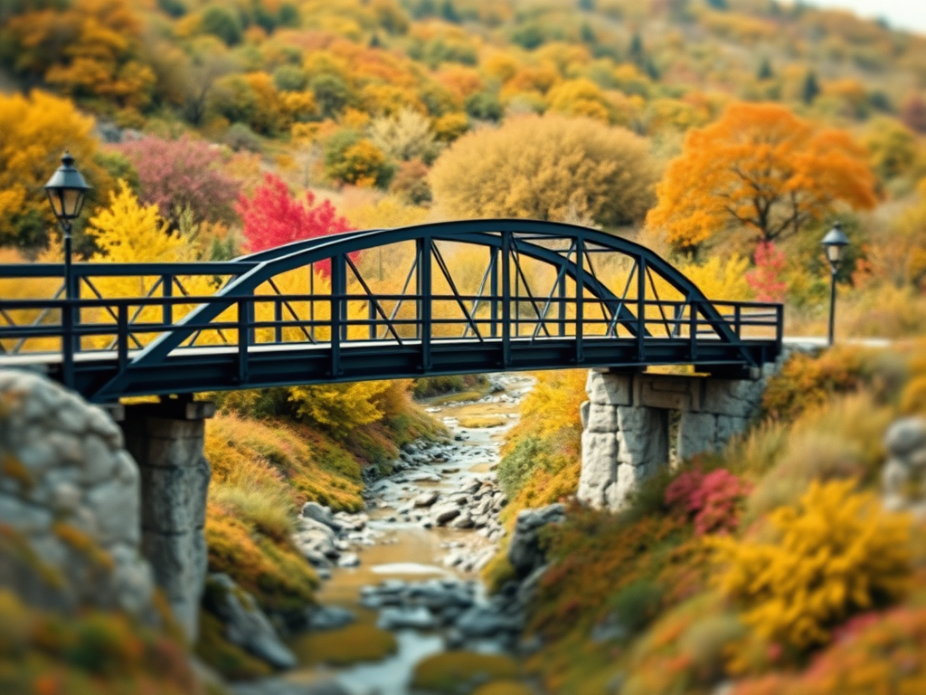Eine schwarze Fußgängerbrücke über einen kleinen Fluss, umgeben von buntem Herbstlaub in Gelb, Orange und Rot.