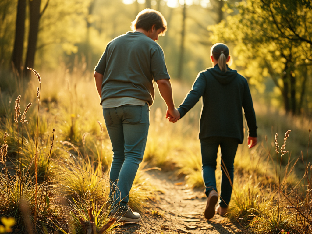 Zwei Personen gehen Hand in Hand auf einem Weg durch einen sonnigen Wald mit hohem Gras und Bäumen im Hintergrund.