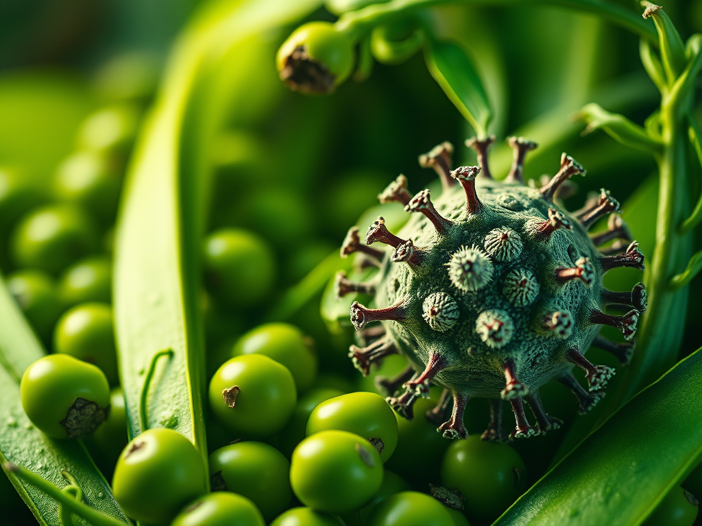 Nahaufnahme eines Virus auf grünen Blättern und Früchten, die eine frische, natürliche Umgebung darstellen.