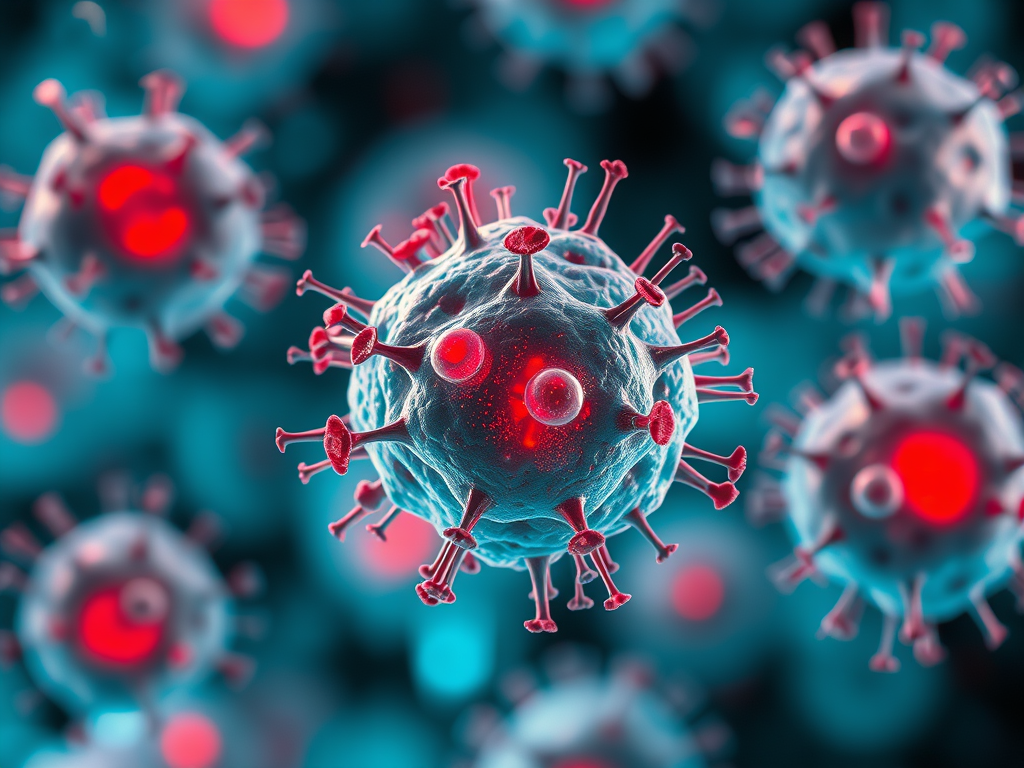 Nahaufnahme von Viruspartikeln mit roten Stacheln vor einem unscharfen Hintergrund.