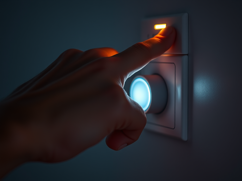 Eine Hand drückt einen Lichtschalter, während eine orangefarbene LED leuchtet.