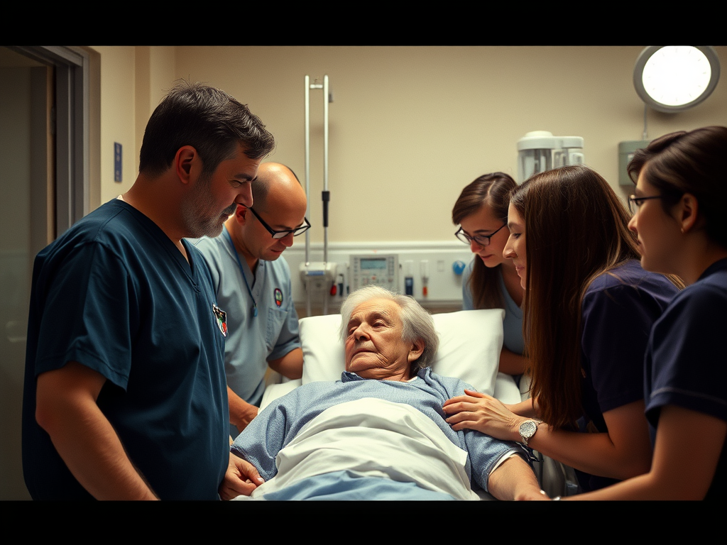 Ein Team von fünf Pflegekräften steht um eine ältere Patientin im Krankenhausbett, während sie sich um sie kümmern.