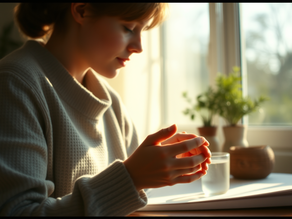 Eine nachdenkliche Frau sitzt an einem Tisch mit einem Glas Wasser und Pflanzen im Hintergrund, während sie ihre Hände betrachtet.
