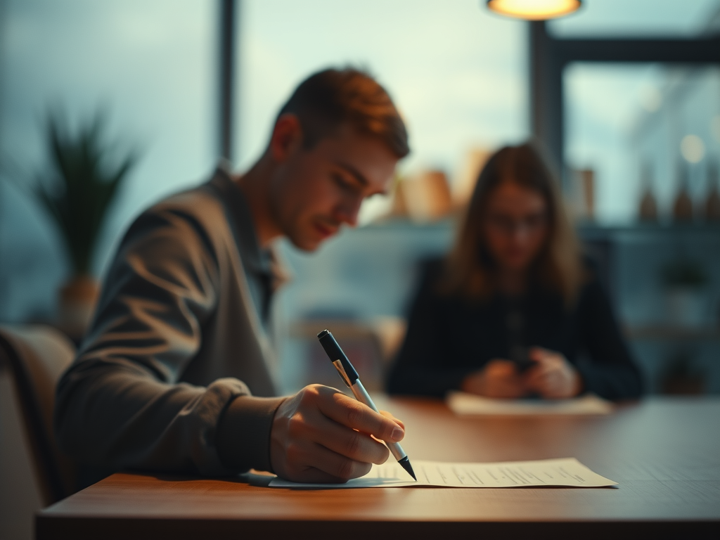 Ein junger Mann sitzt an einem Tisch und schreibt mit einem Stift auf einem Blatt Papier, während eine Frau im Hintergrund auf ihr Handy schaut. Das Licht ist gedämpft und es gibt Pflanzen im Raum.