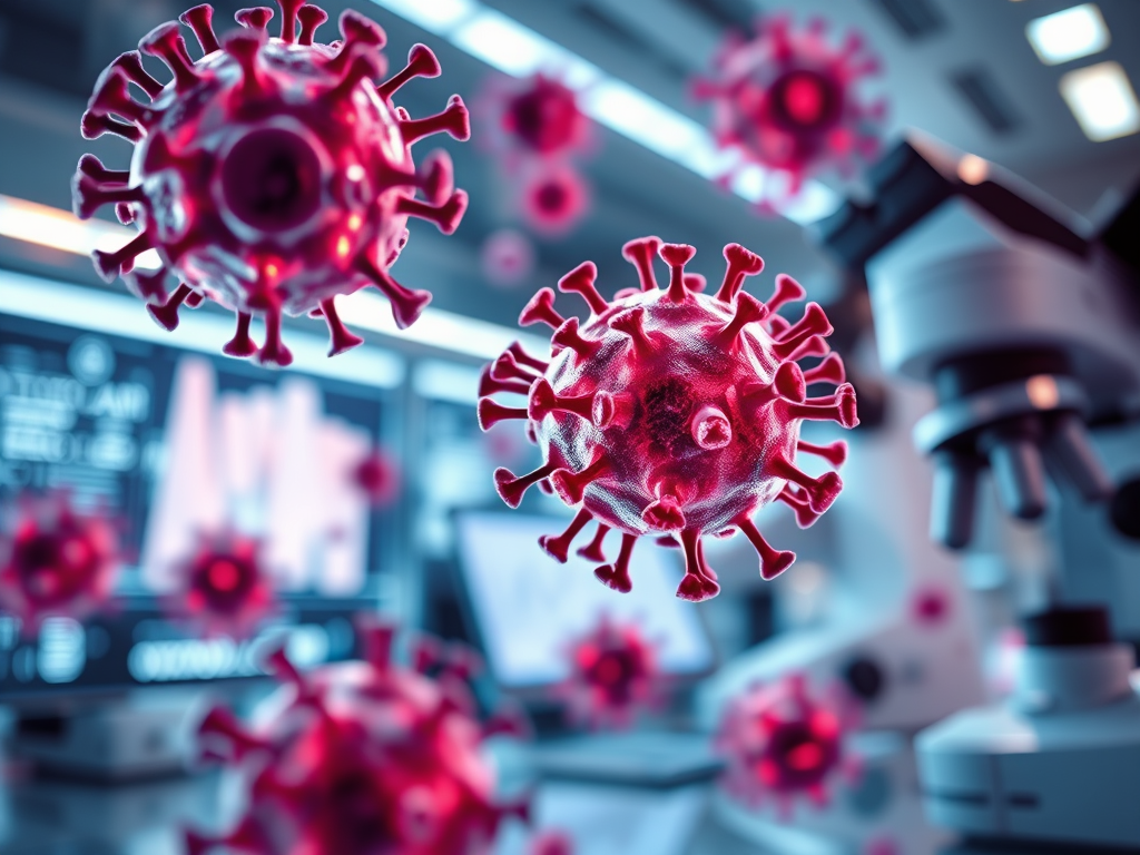Darstellung von Coronavirus-Partikeln im Labor, mit Mikroskop im Hintergrund und medizinischen Daten auf dem Bildschirm.