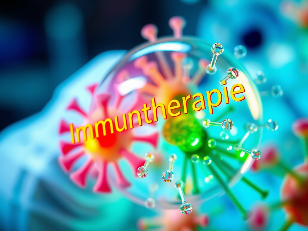 Nahaufnahme von Viruspartikeln mit dem Text 'Immuntherapie' in leuchtenden Farben.