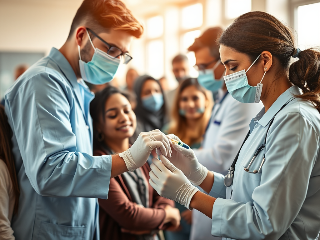 Medizinisches Personal impft eine Patientin in einer geschäftigen Klinikumgebung, während andere Zuschauer zuschauen.