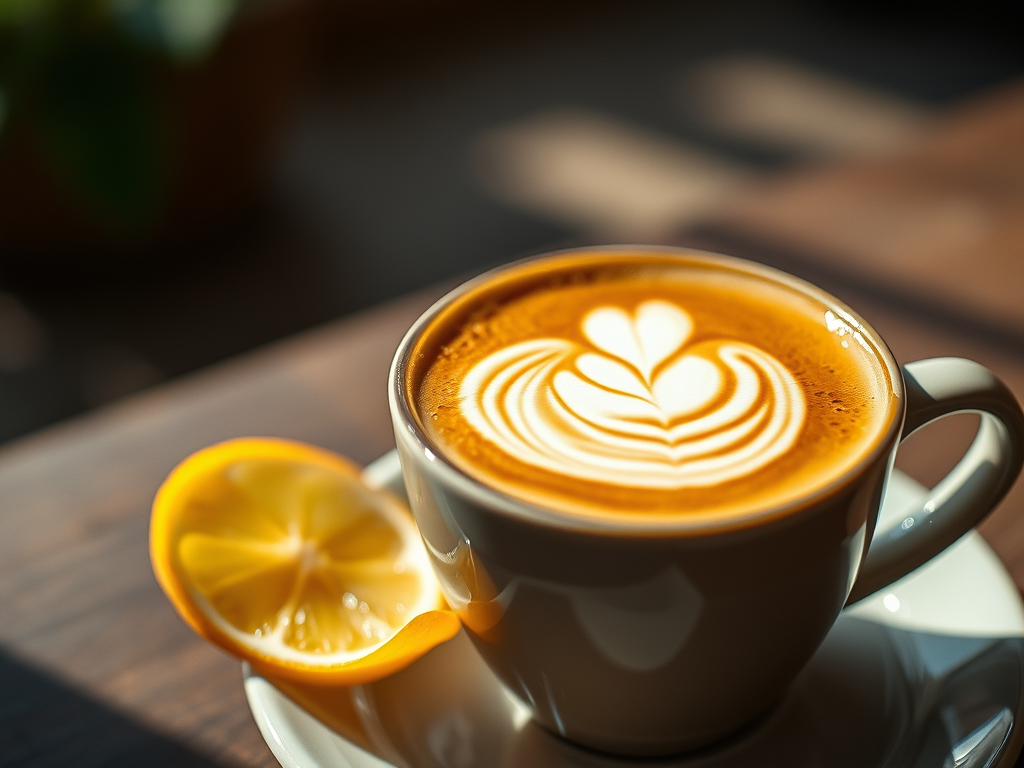 Eine Tasse Kaffee mit schönem Latte-Art-Muster und einer Scheibe Zitrone auf einem Unterteller.