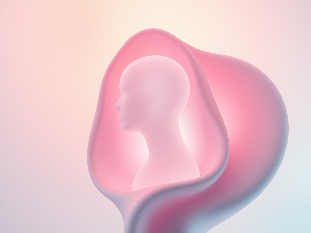 Abstrakte Darstellung eines Kopfes in einer glühenden, organisch geformten Struktur mit einem sanften Farbverlauf von Rosa und Weiß.