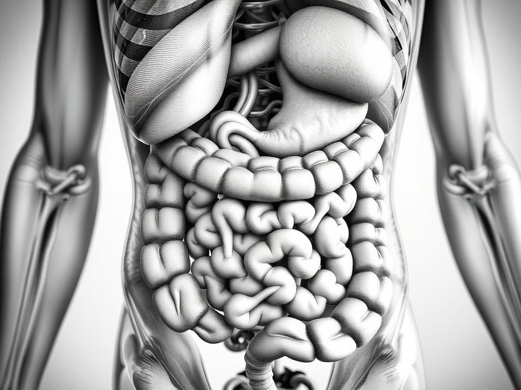 Ansicht des menschlichen Verdauungssystems in einem anatomischen Modell, das Magen, Darm und andere innere Organe zeigt.