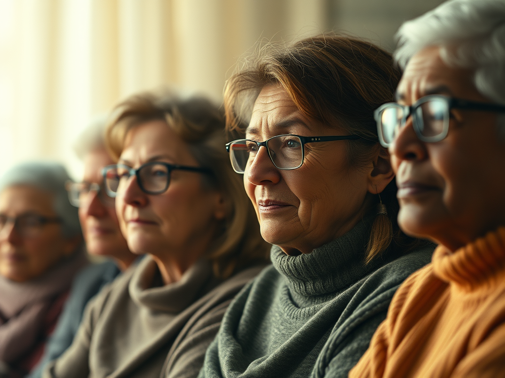 Eine Gruppe von älteren Frauen mit Brillen, die aufmerksam in eine Richtung schauen. Sie tragen gemütliche Kleidung und wirken nachdenklich.