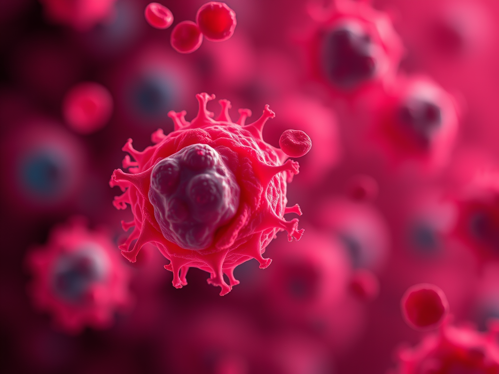 Mikroskopische Darstellung von Zellen in leuchtendem Rosa, einige Zellen haben eine kugelige Form und sind von kleinen roten Blutzellen umgeben.