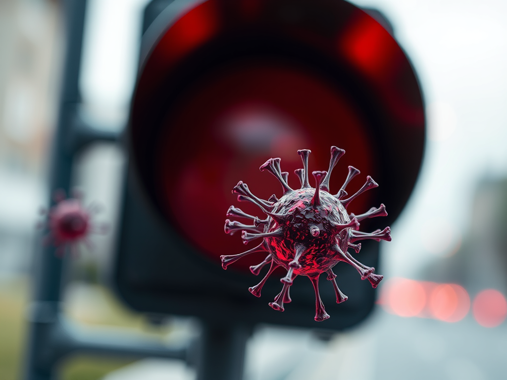 Naheaufnahme eines roten Verkehrslichts mit einem schwebenden Virusmodell im Vordergrund.