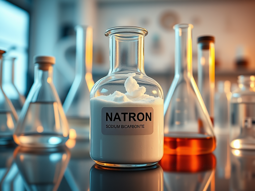 Ein Glasbehälter mit Natron (Natriumbicarbonat) in einem Labor, umgeben von verschiedenen Chemielaborgeräten.