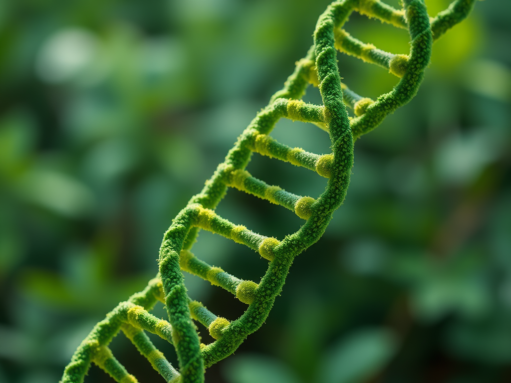 Nahaufnahme einer grünen DNA-Doppelhelix mit weichem, samtigem Aussehen, vor unscharfem grünen Hintergrund.