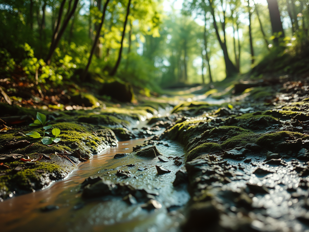 Ein Blick auf einen schmalen, moosbedeckten Pfad in einem Wald mit fließendem Wasser und sanftem Licht.