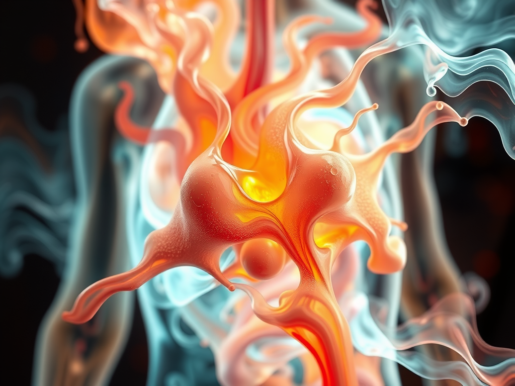 Abstrakte Darstellung von neuronalen Verbindungen mit leuchtenden, fließenden Formen in Orange und Blau.