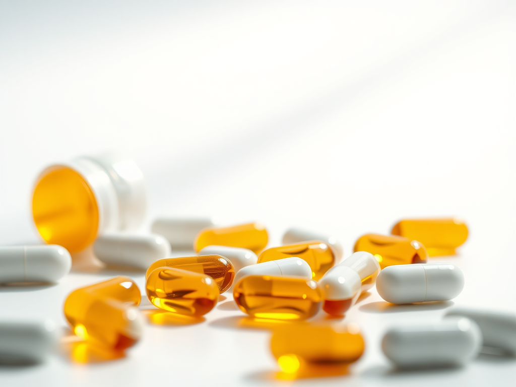 Eine Ansammlung von orangefarbenen und weißen Kapseln auf einem hellen Hintergrund, mit einer offenen Flasche neben ihnen.