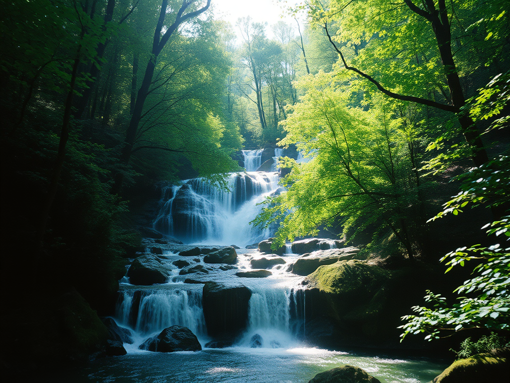 Ein Wasserfall fließt über grüne Felsen, umgeben von üppigem, grünem Laub und Bäumen.