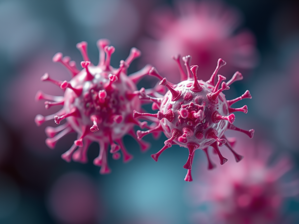 Mikroskopische Aufnahme von Viruspartikeln in Pink und Blau.