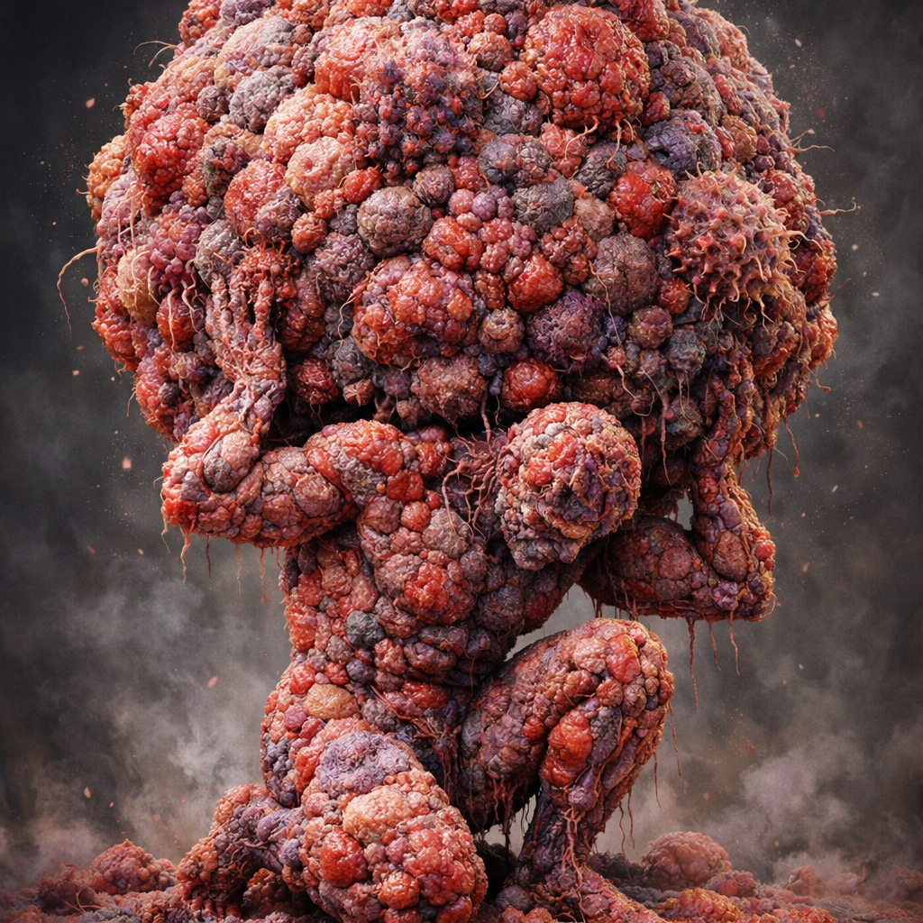 Sculpture of a human figure kneeling and holding a large head made of clustered organic, rounded shapes in red and purple hues