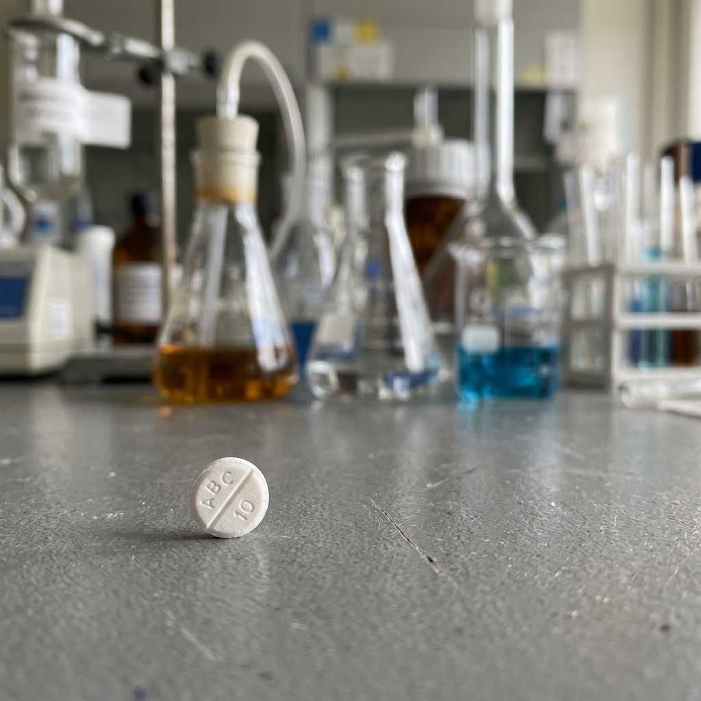 White round tablet with ABC 10 markings on a lab countertop with blurred chemical glassware