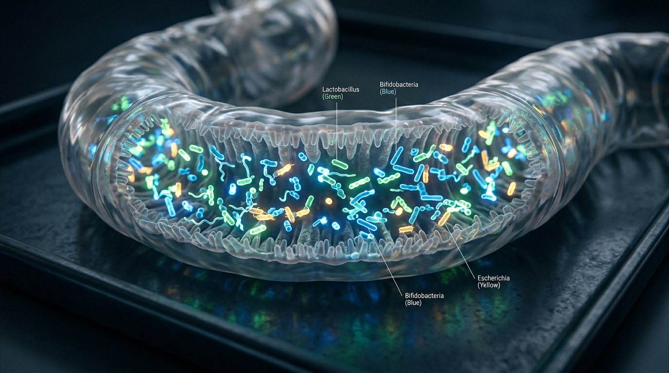 3D visualization of intestinal segment containing Lactobacillus, Bifidobacteria, and Escherichia bacteria