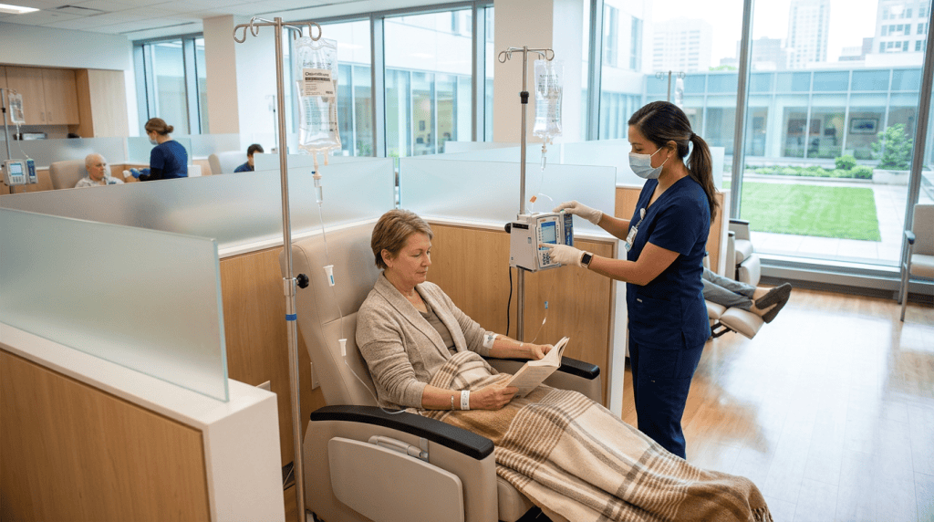 Patient sitting in a recliner with IV drip, nurse adjusting IV equipment