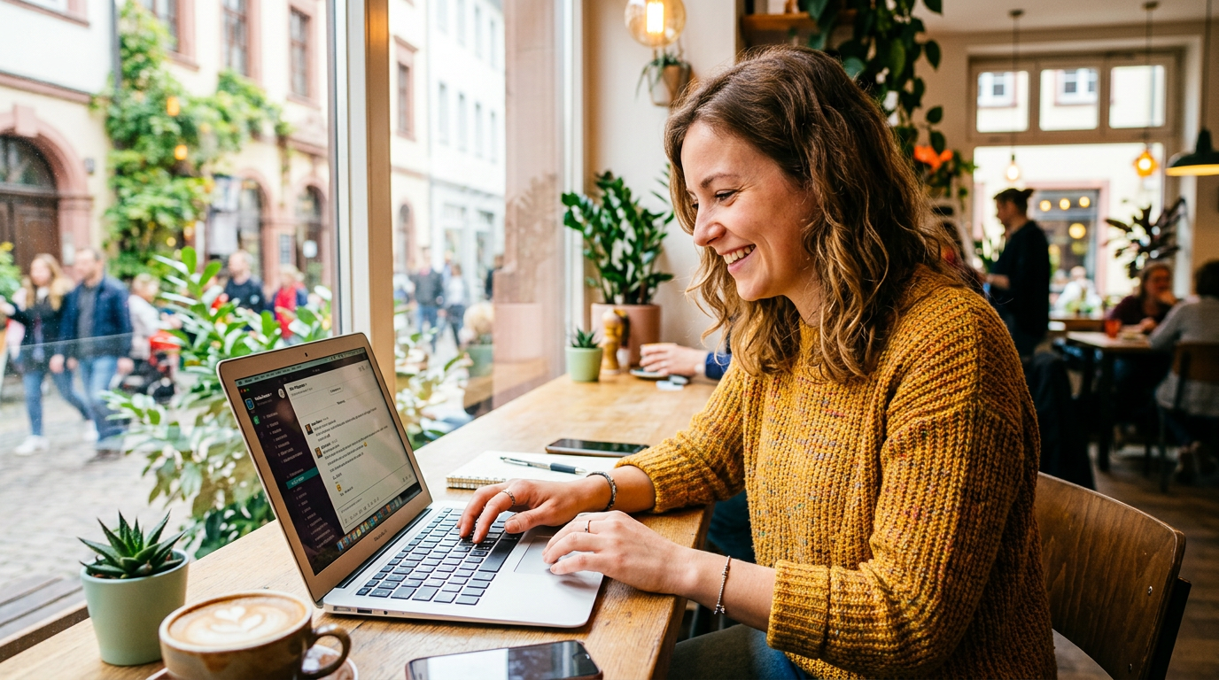 Smiling woman typing on laptop in café with coffee and plants