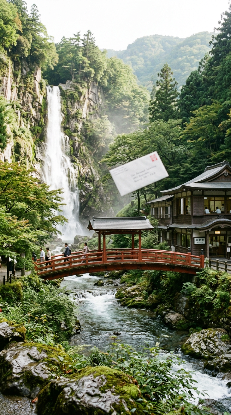 Waterfall cascading beside a red wooden bridge over a river with people walking and a traditional Japanese building nearby