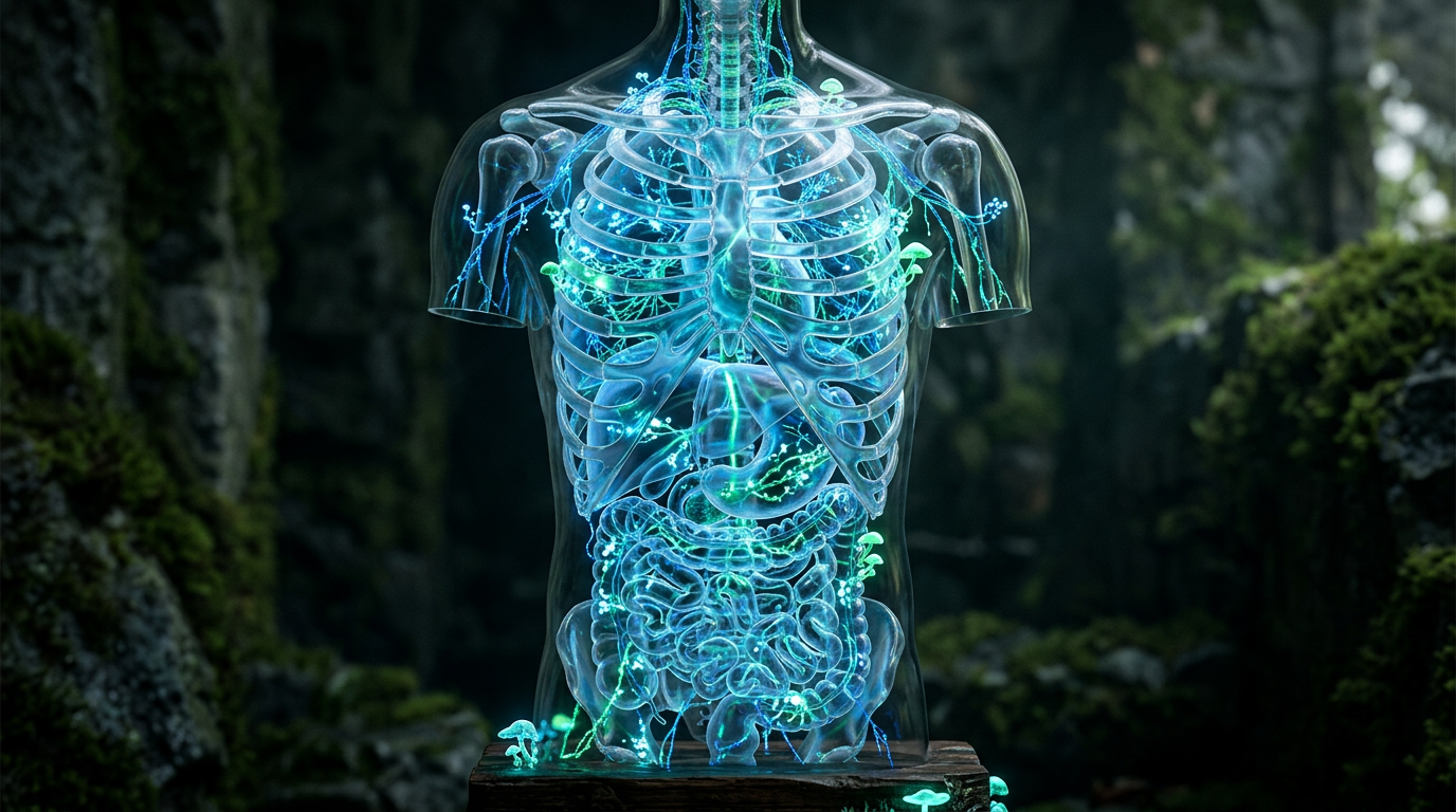 Transparent human torso with glowing organs and fungi on a wooden stand