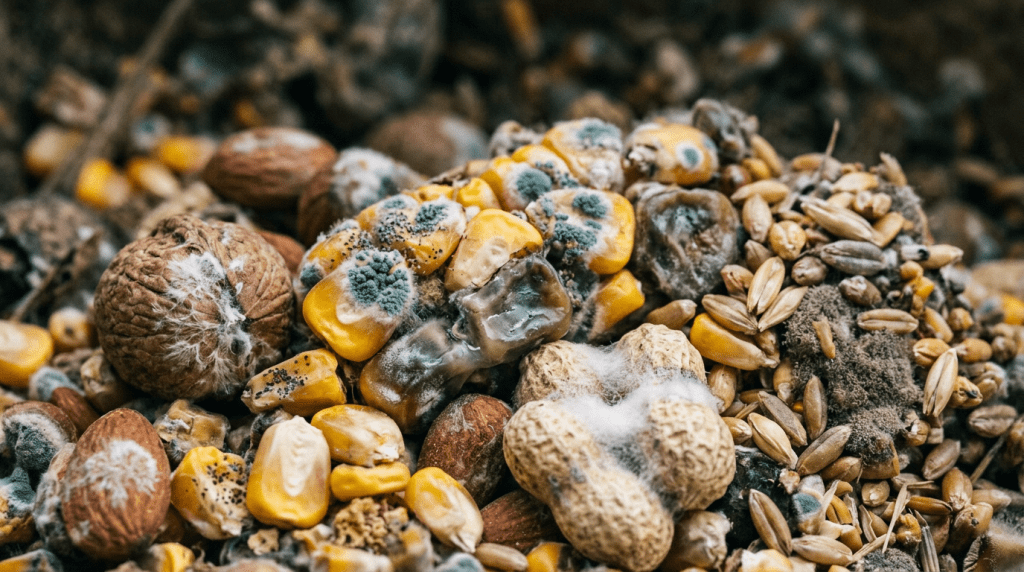 Mixed nuts and grains with visible mold and fungal growth