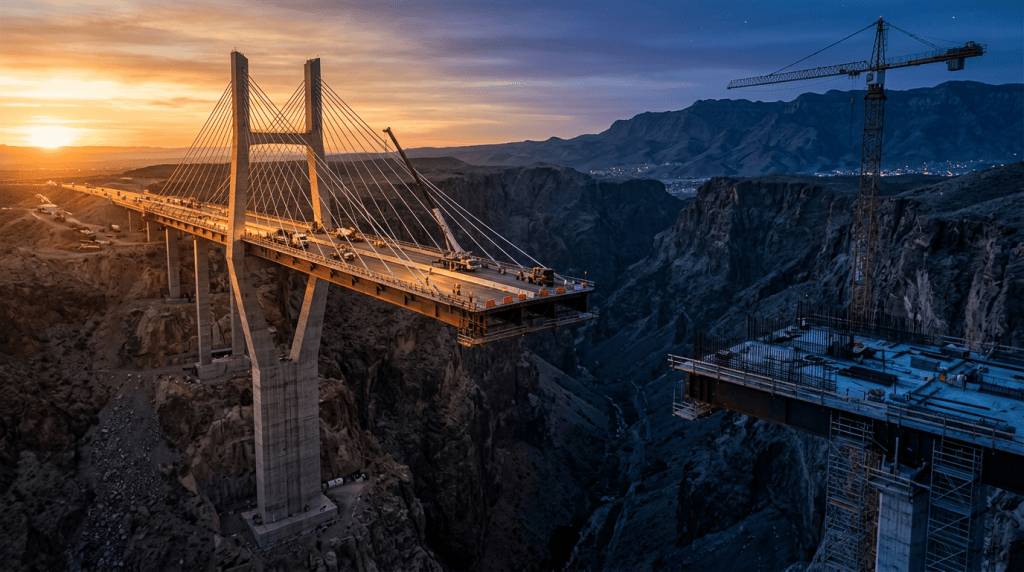 Cable-stayed bridge under construction spanning a canyon at sunset with cranes and workers