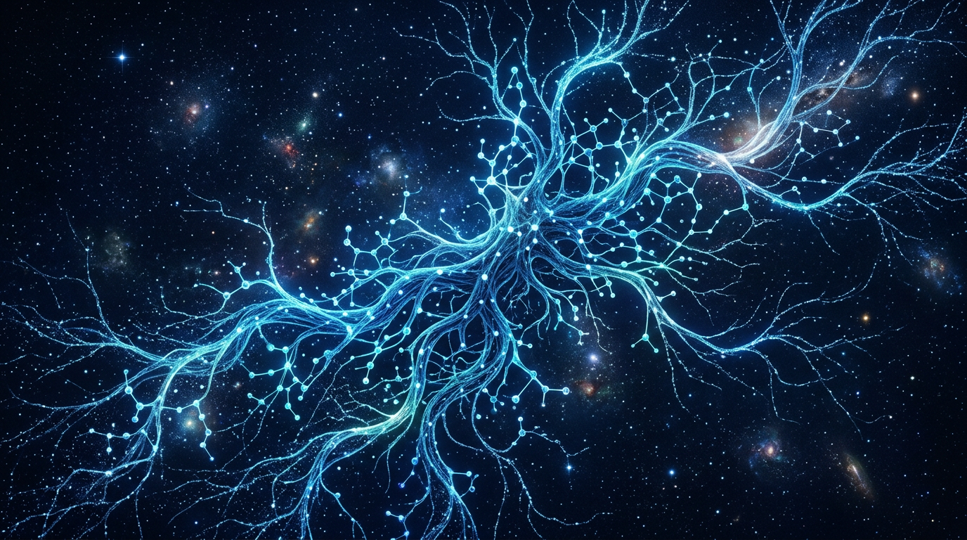 Glowing blue neural network branches with interconnected nodes against a star-filled cosmic background