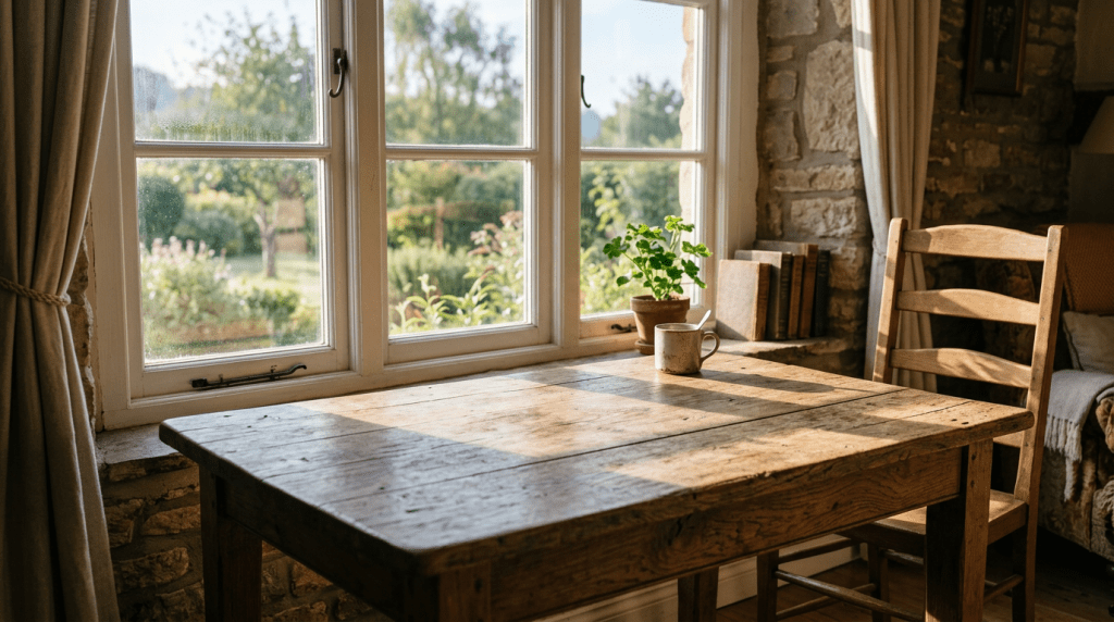 Rustic wooden table with plant and cup near sunlit window in cozy room