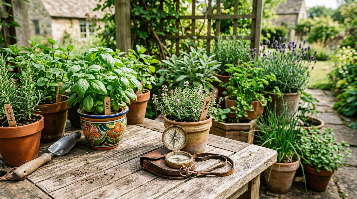 Potted herbs labeled rosemary, basil, and thyme on a wooden table with a trowel and a vintage compass