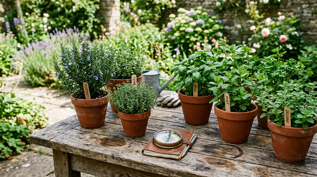 Terracotta pots with rosemary, thyme, basil, mint, and oregano herbs on wooden table