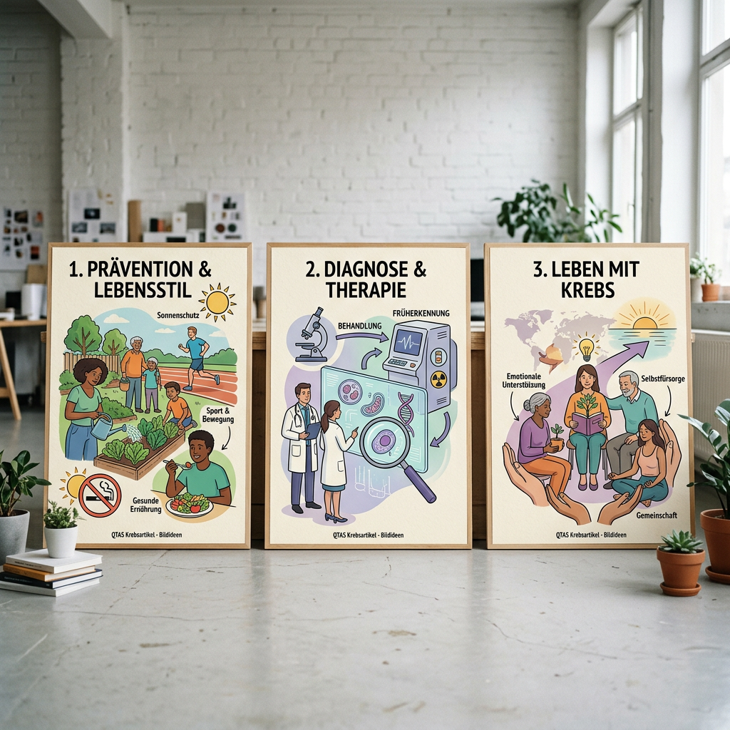 Posters titled Prävention & Lebensstil, Diagnose & Therapie, Leben mit Krebs illustrating cancer care stages