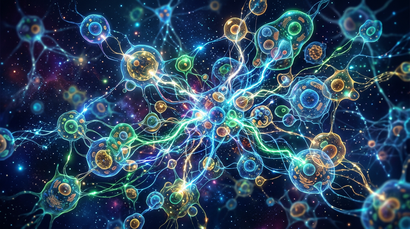 Digital illustration of interconnected neural cells with glowing electric signals
