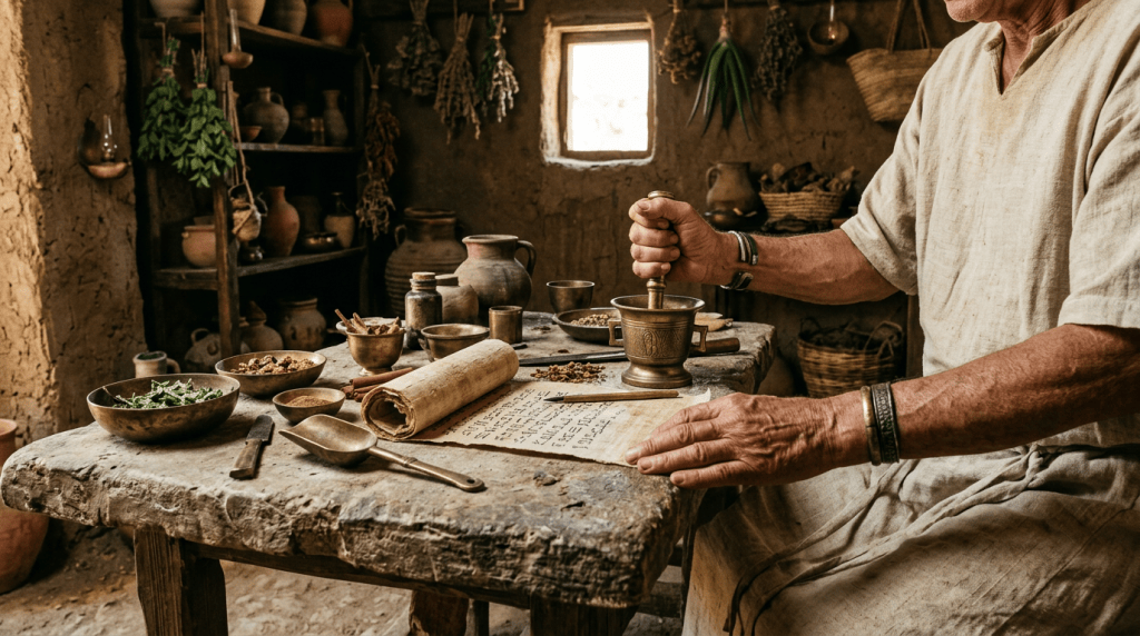Hands crushing herbs in a mortar with various bowls of herbs and scroll on a rustic table