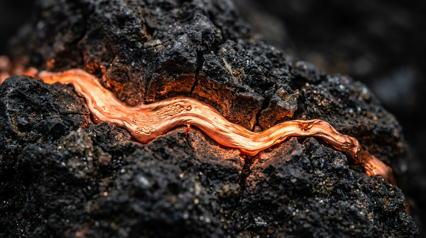 Glowing molten copper flowing through cracked dark volcanic rock