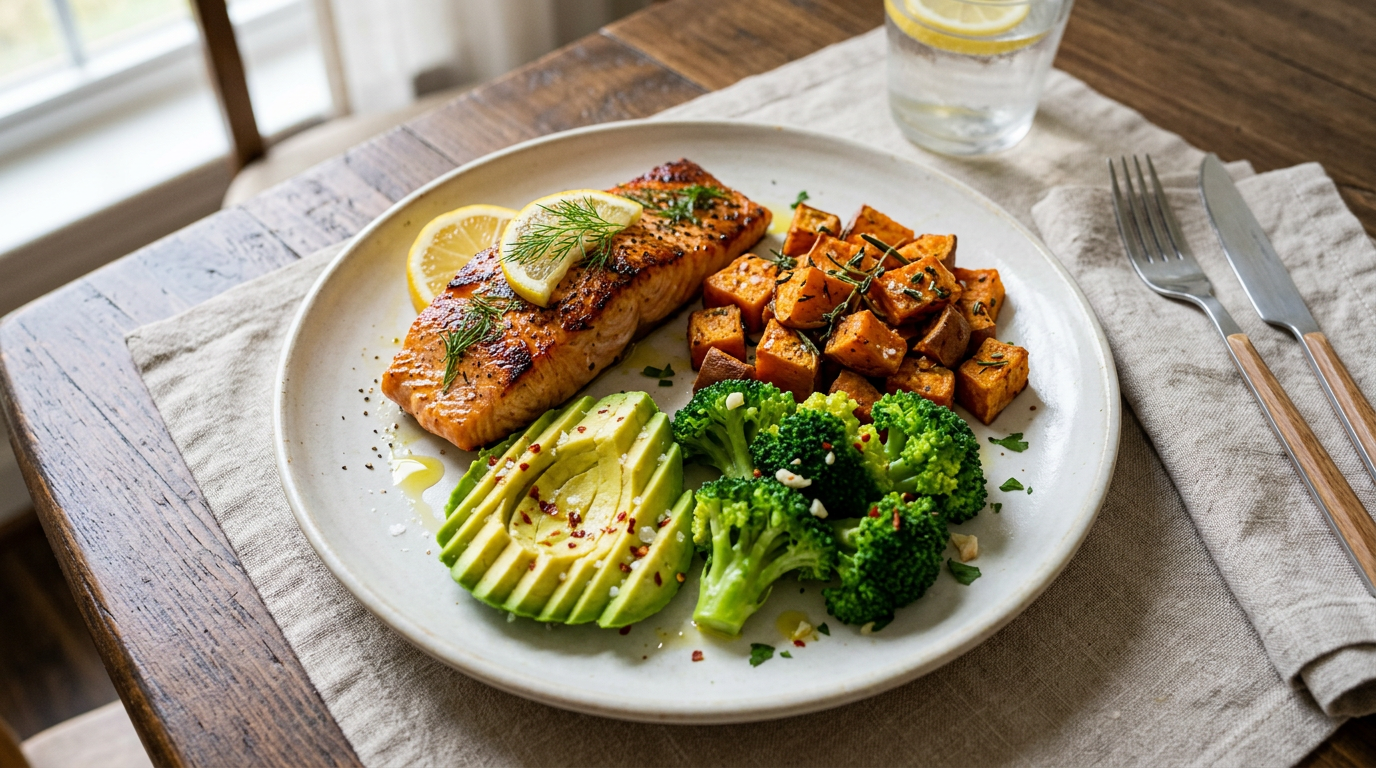 Grilled salmon fillet with lemon, roasted sweet potatoes, sliced avocado, and broccoli florets on a plate