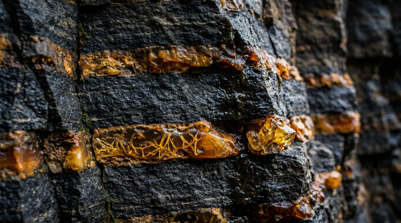 Dark sedimentary rock layers with yellowish amber deposits embedded