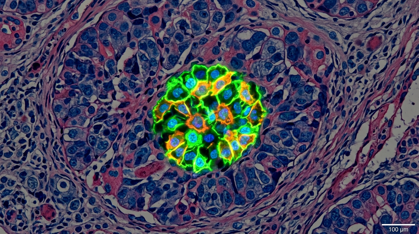 Microscopic tissue section showing a cluster of cells highlighted with green and orange fluorescence surrounded by blue stained cells.