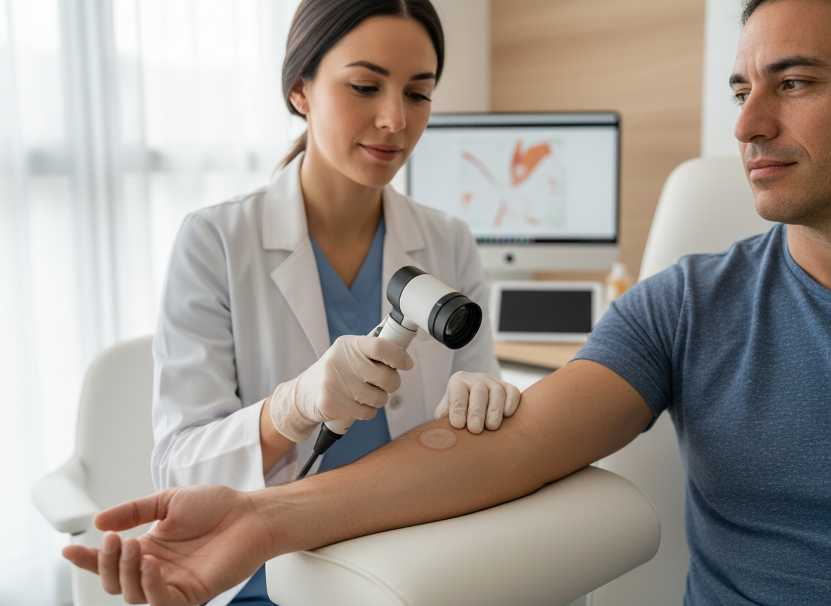 Dermatologische Nachkontrolle einer behandelten Hautläsion mit Dermatoskop