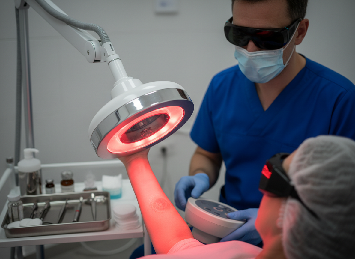 Kalibrierte medizinische Rotlichtquelle bei einer photodynamischen Therapie in der Dermatologie