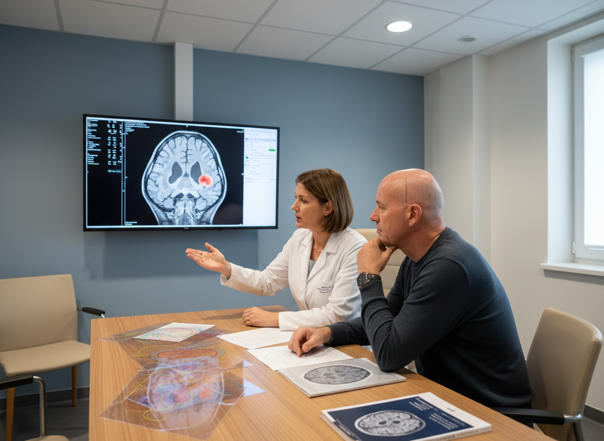 Neuroonkologisches Gespräch mit Glioblastom-MRT und Patient zur Therapieplanung