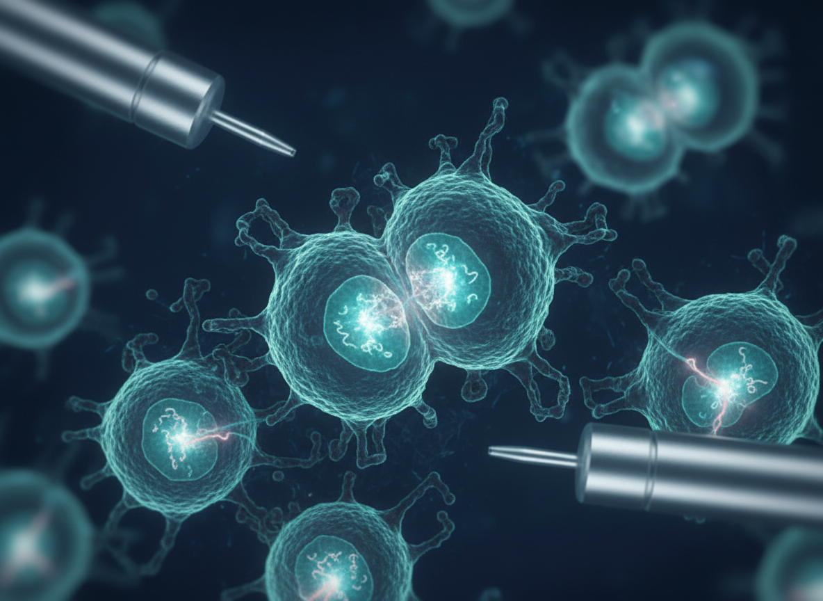 Mikroskopische Darstellung sich teilender Glioblastomzellen als Symbol für den Wirkansatz von Tumor Treating Fields