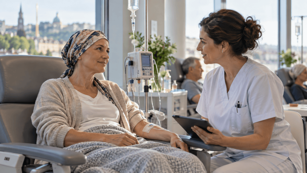 Patientin spricht im Infusionszentrum mit einer Onkologiepflegekraft