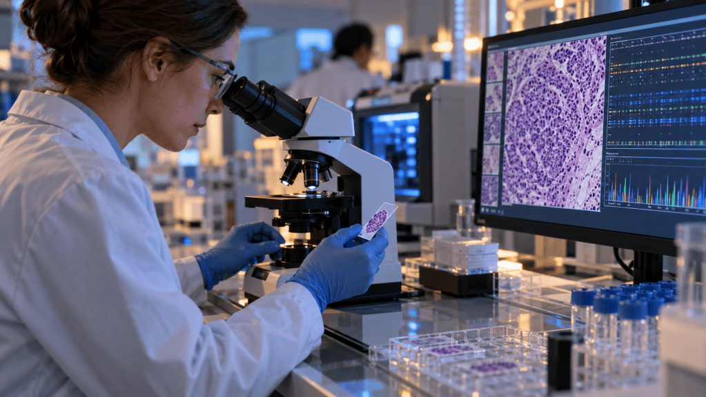 Wissenschaftlerin untersucht Lungenkrebsgewebe und molekulare Daten im Labor
